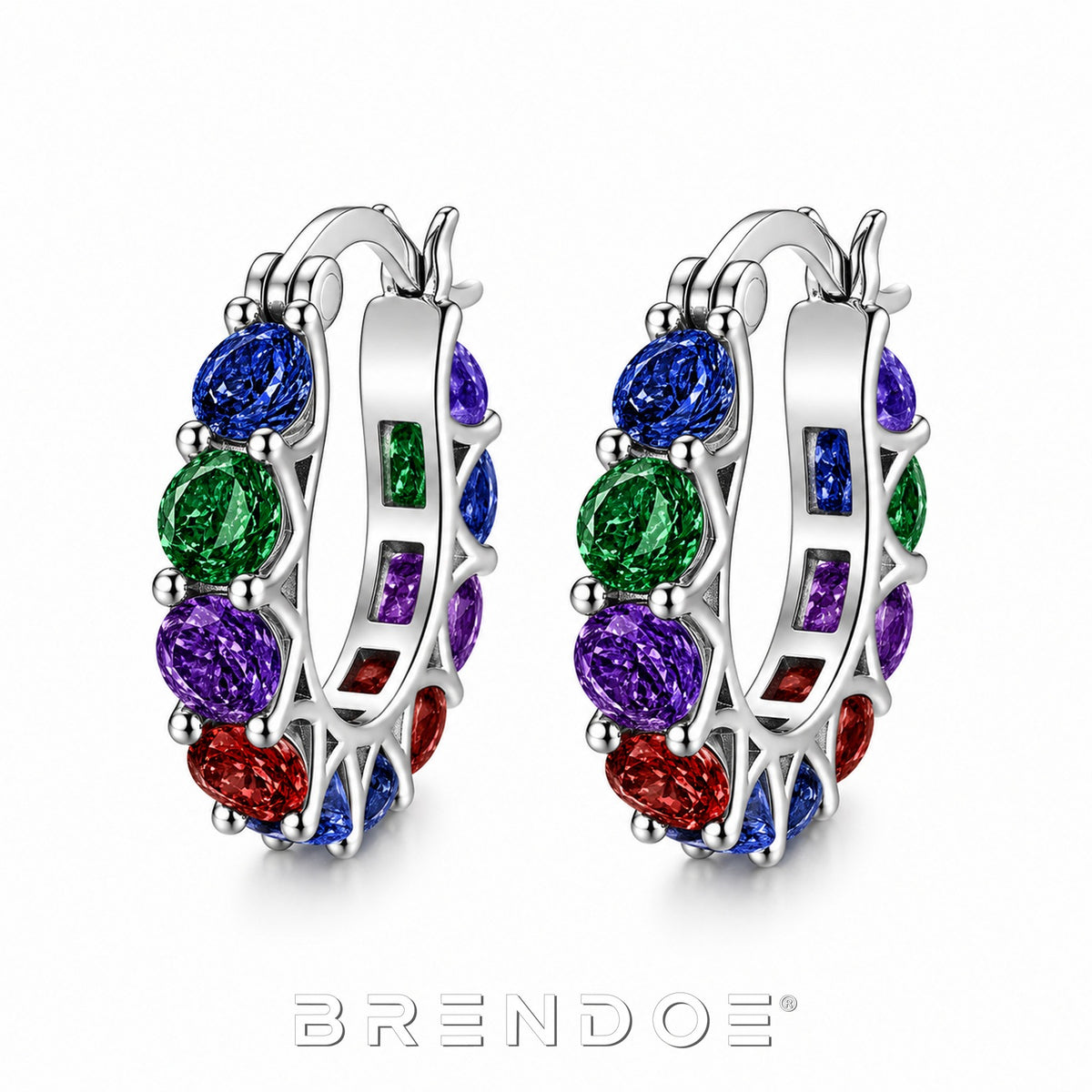 Brendoe Zilverkleurige Oorringen met Multicolor Synthetische Stenen