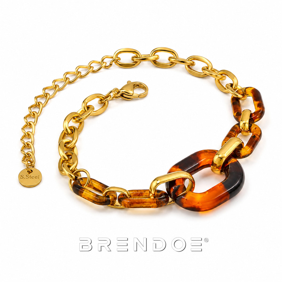 Goudkleurige Schakelarmband Dames – 18K Verguld RVS met Bruine Acryl Schakels