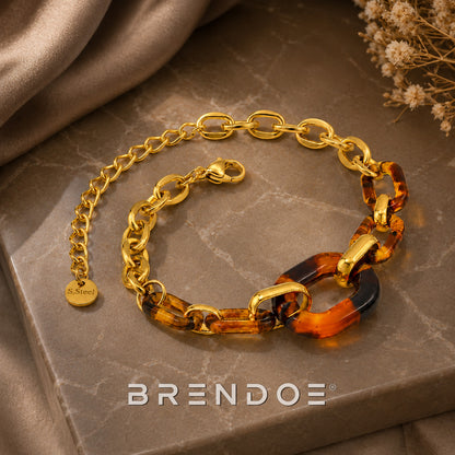 Goudkleurige Schakelarmband Dames – 18K Verguld RVS met Bruine Acryl Schakels
