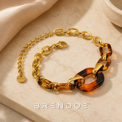 Goudkleurige Schakelarmband Dames – 18K Verguld RVS met Bruine Acryl Schakels