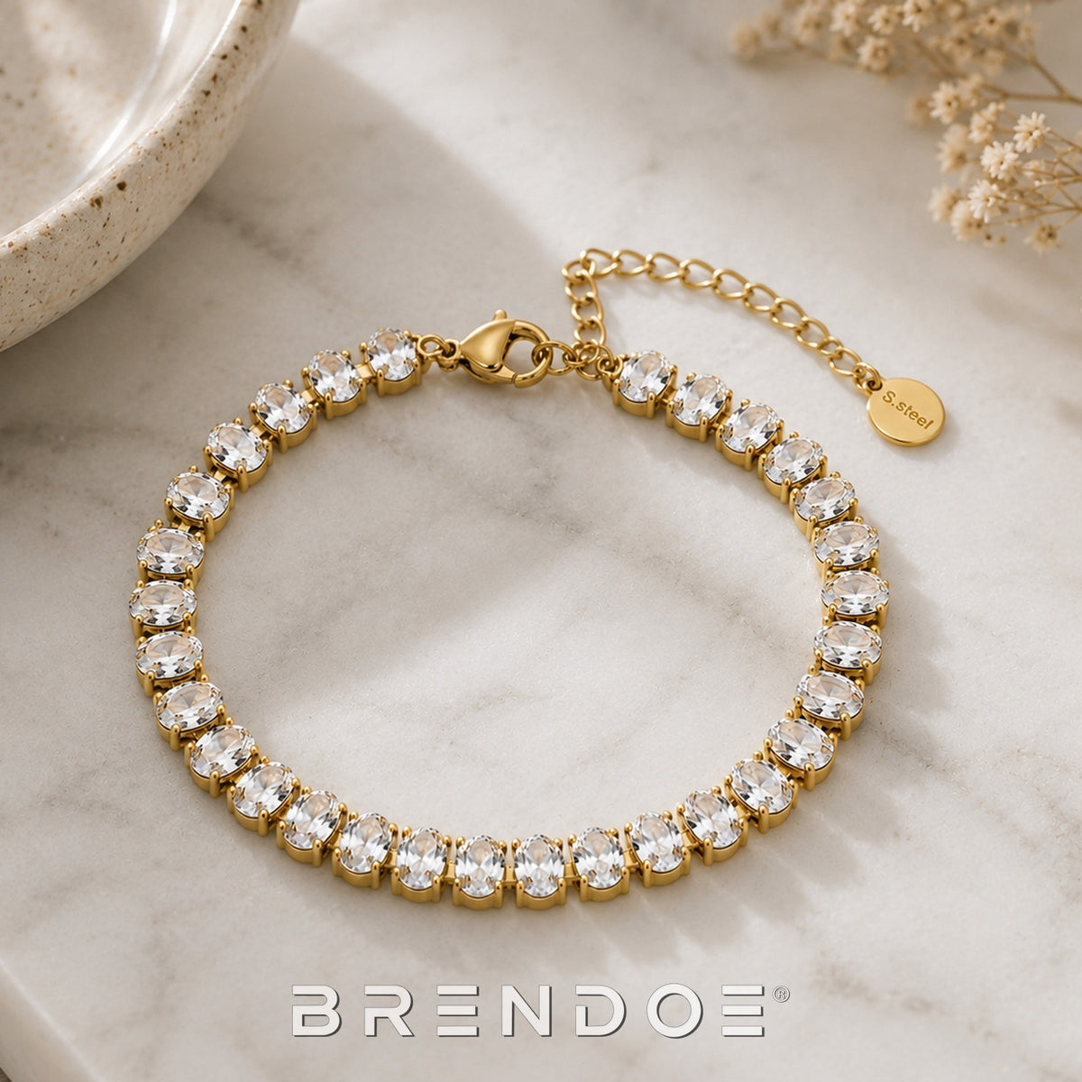 Brendoe Goudkleurige Zirkonia Armband Dames – Verguld RVS, Verstelbaar