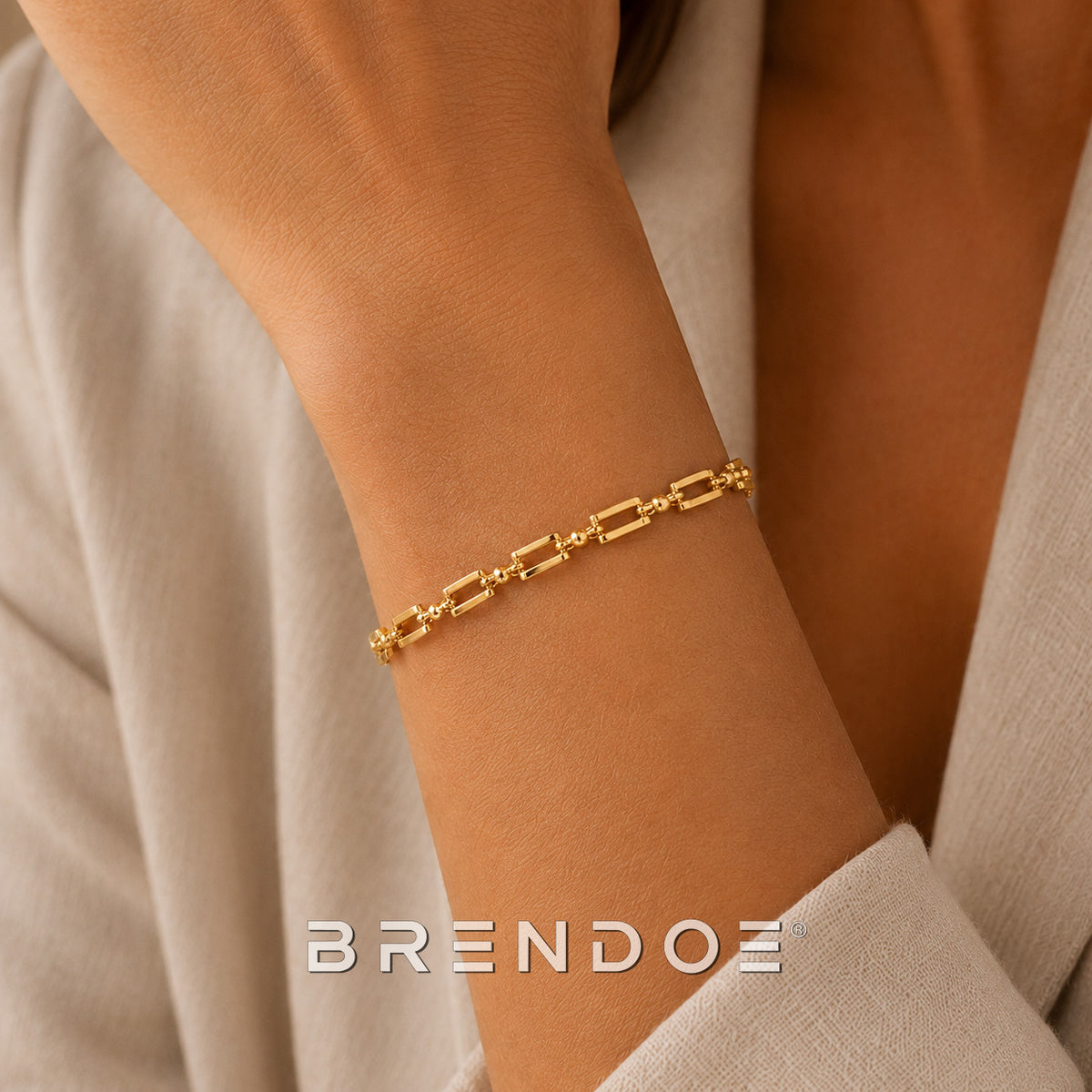 Goudkleurige Schakelarmband Dames – 18K Verguld RVS – Verstelbare Rechthoekige Schakels