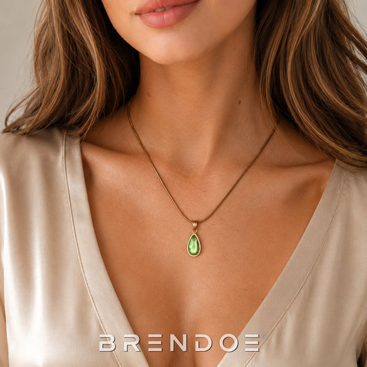 Brendoe Goudkleurige Ketting met Groene Druppel