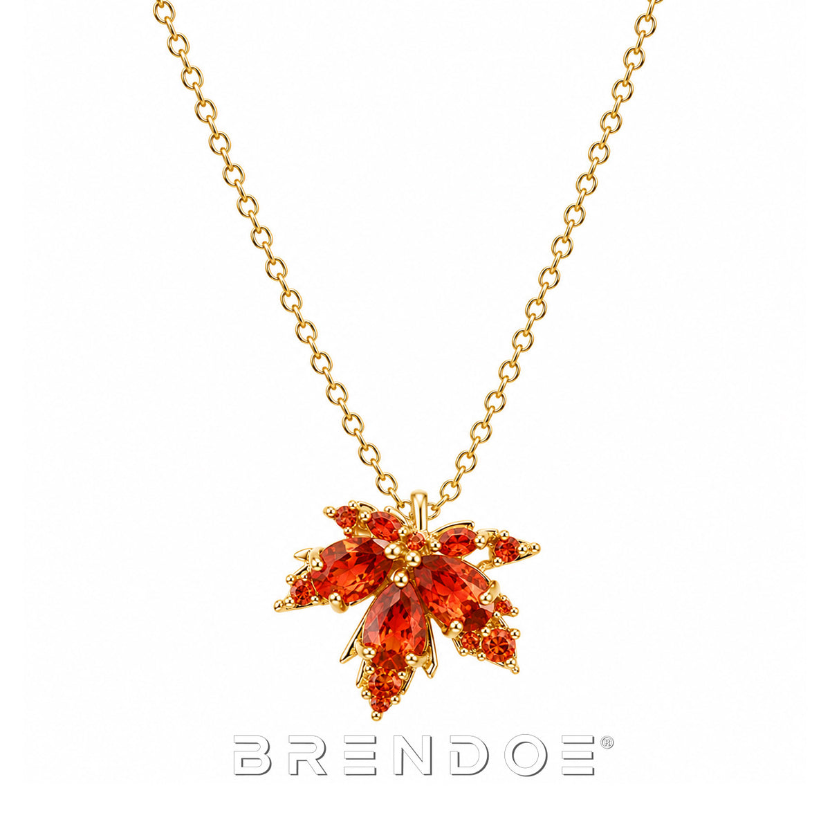 Goudkleurige Esdoornblad Ketting Dames – Oranje Rode Strass Hanger RVS