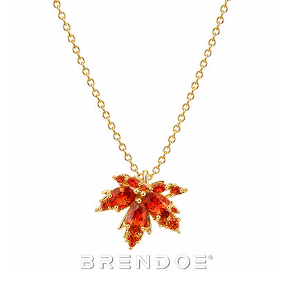 Goudkleurige Esdoornblad Ketting Dames – Oranje Rode Strass Hanger RVS