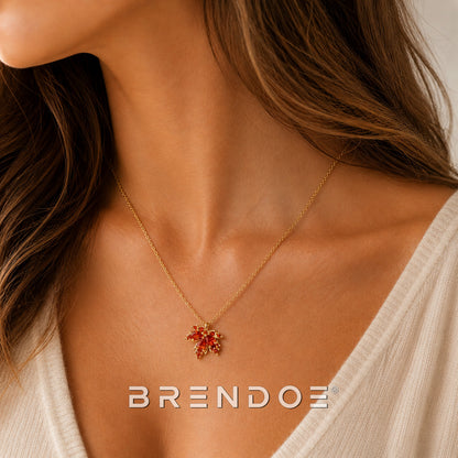 Goudkleurige Esdoornblad Ketting Dames – Oranje Rode Strass Hanger RVS