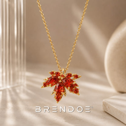 Goudkleurige Esdoornblad Ketting Dames – Oranje Rode Strass Hanger RVS