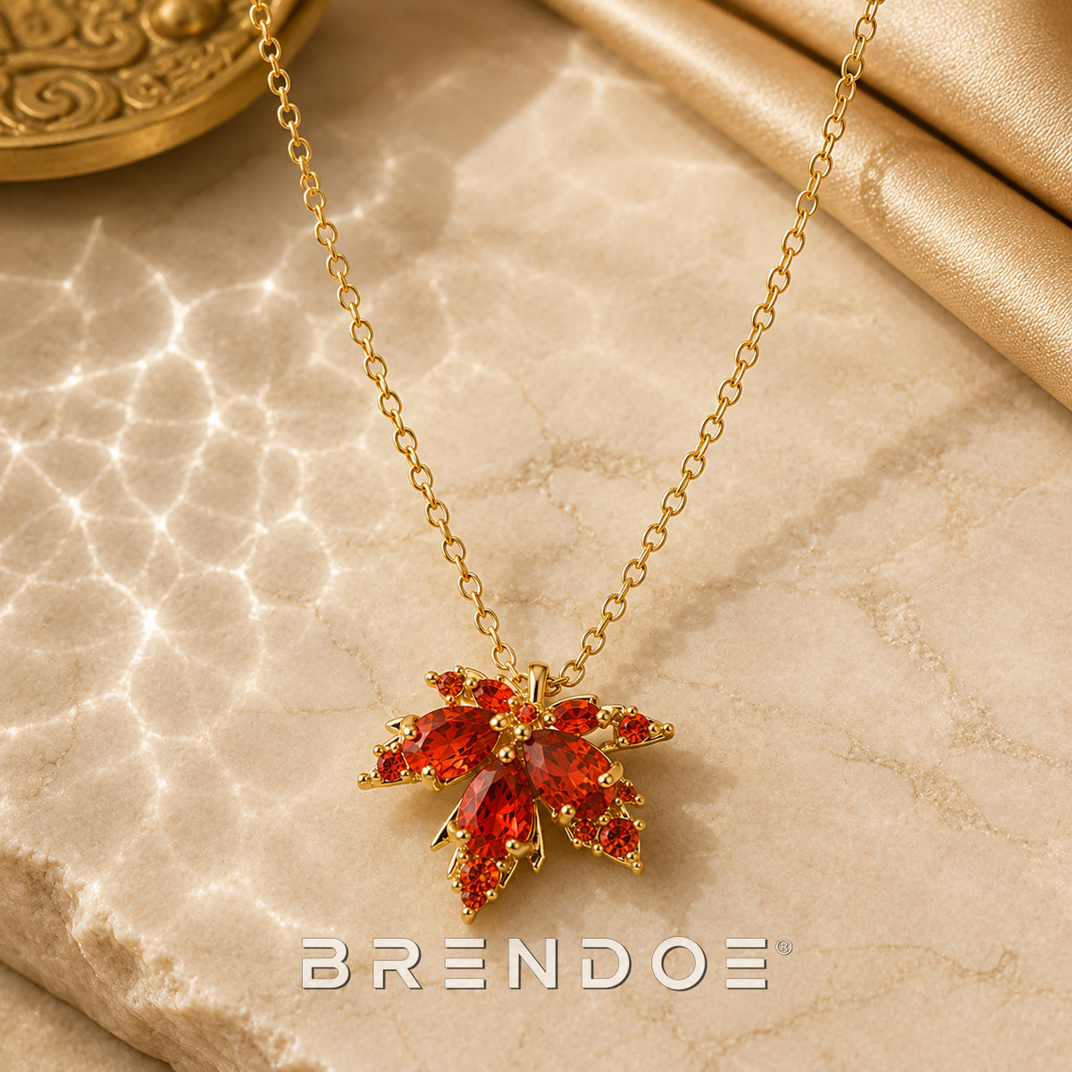 Goudkleurige Esdoornblad Ketting Dames – Oranje Rode Strass Hanger RVS