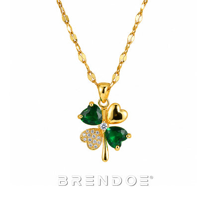 Goudkleurige Klavertje Vier Ketting Dames – Groene Hanger met Sierstenen RVS