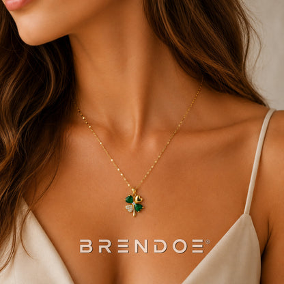 Goudkleurige Klavertje Vier Ketting Dames – Groene Hanger met Sierstenen RVS