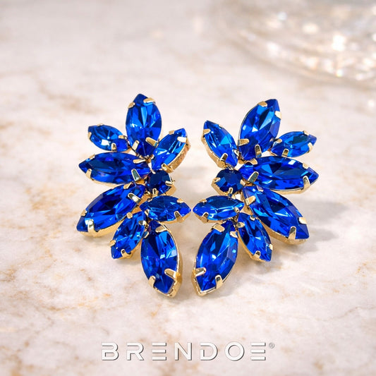 Goudkleurige Statement Oorbellen met Blauwe Kristallen – Kristal Cluster Dames