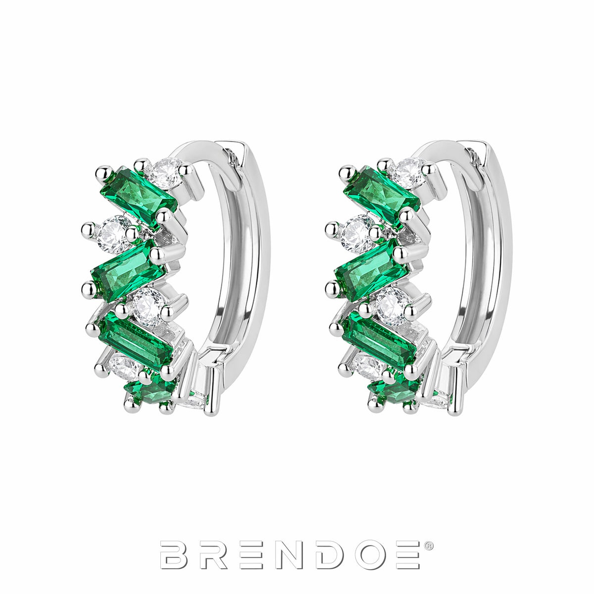 Brendoe Zilverkleurige Oorringen met Groene en Witte Zirkonia
