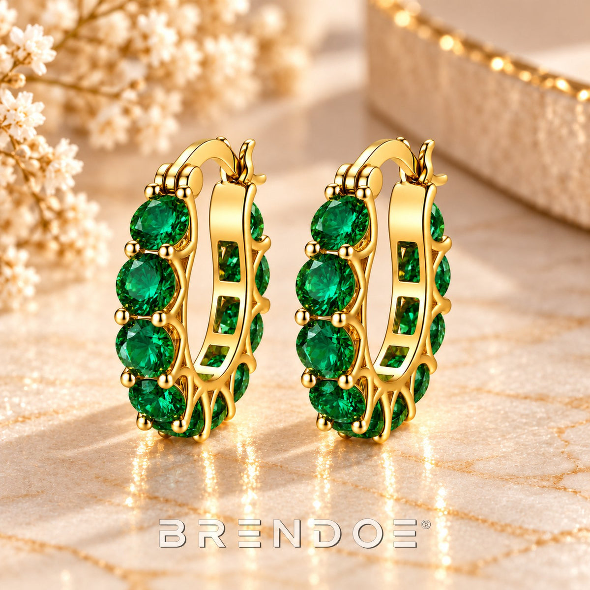 Brendoe Goudkleurige Oorringen met Groene Synthetische Stenen