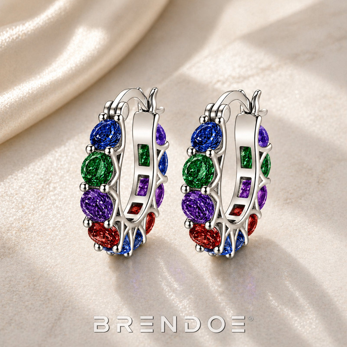 Brendoe Zilverkleurige Oorringen met Multicolor Synthetische Stenen