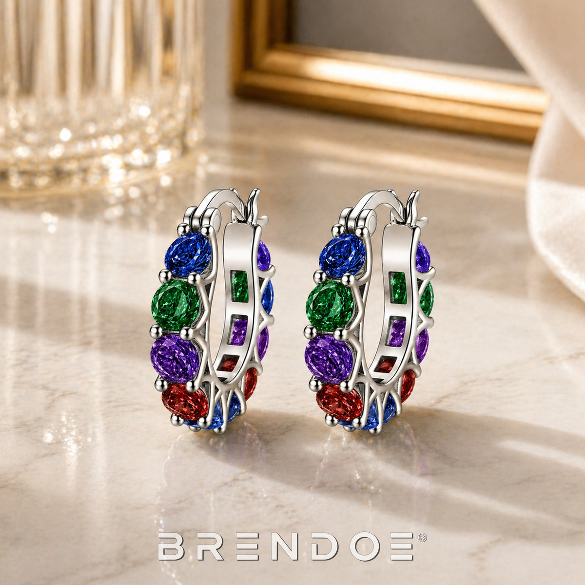 Brendoe Zilverkleurige Oorringen met Multicolor Synthetische Stenen